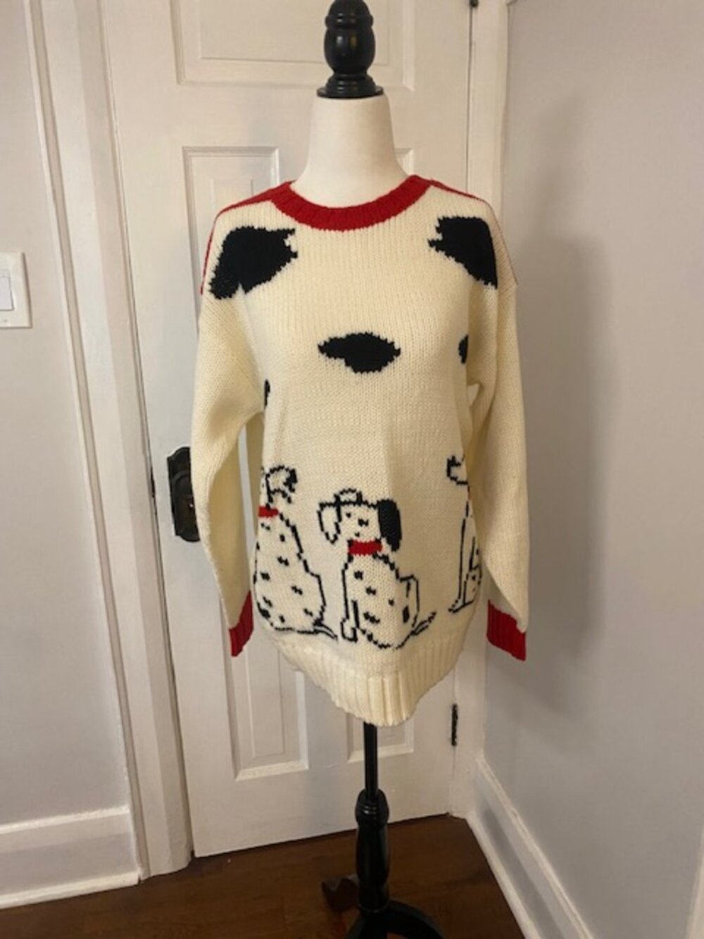 Vintage Dalmatian Dog Sweater Small Red Blk White